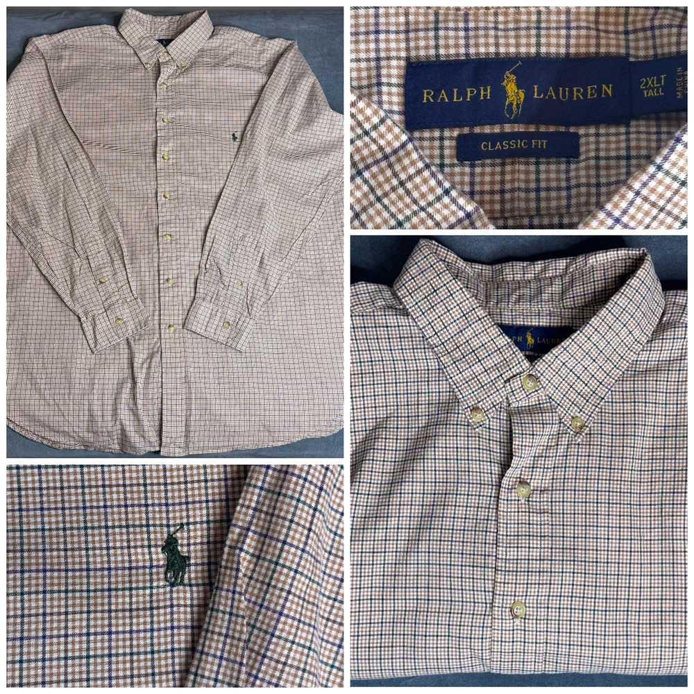 Ralph Lauren Shirt Men 2XLT Brown Plaid Lightweight Button Down